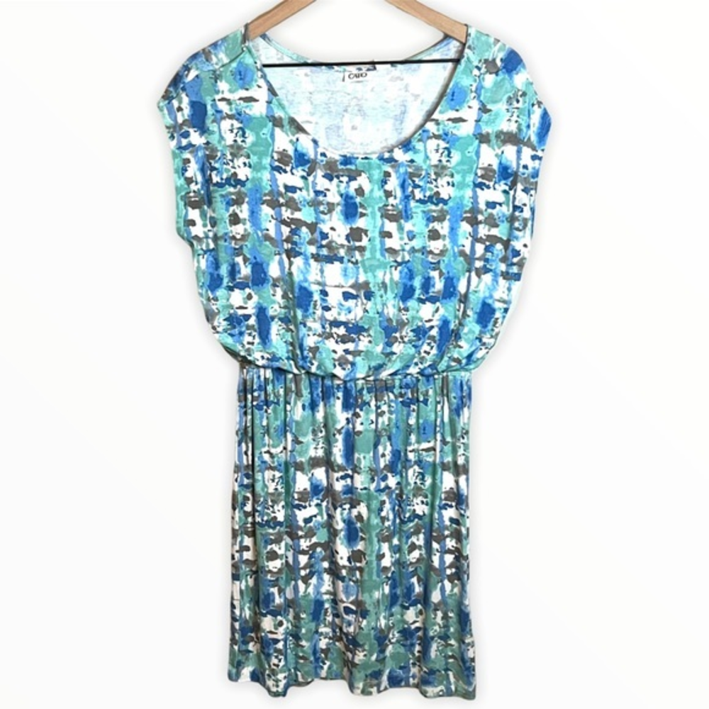 Cato Shades Of Blue Abstract Scoop Short Sleeve Elastic Waist Mini Dress Medium